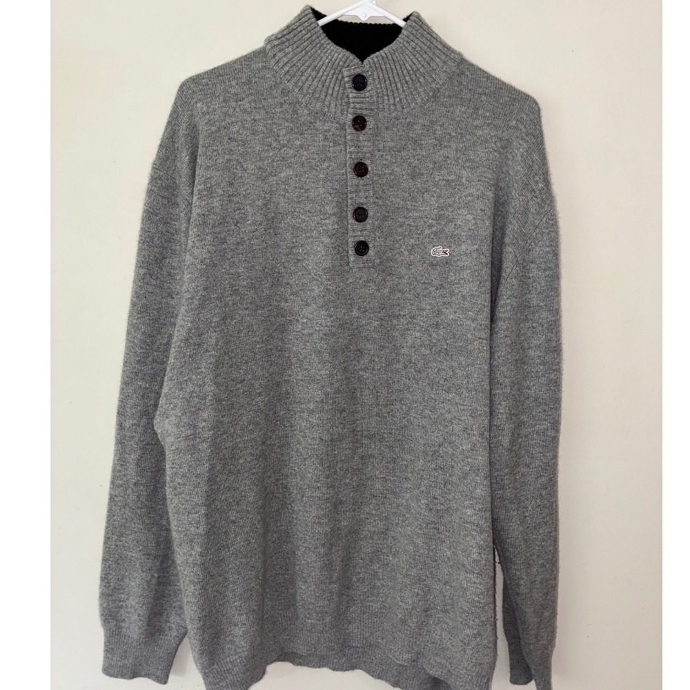 Lacoste Sweater Mens 2X Gray 100% Cashmere Mock Neck Pullover Logo Old Money